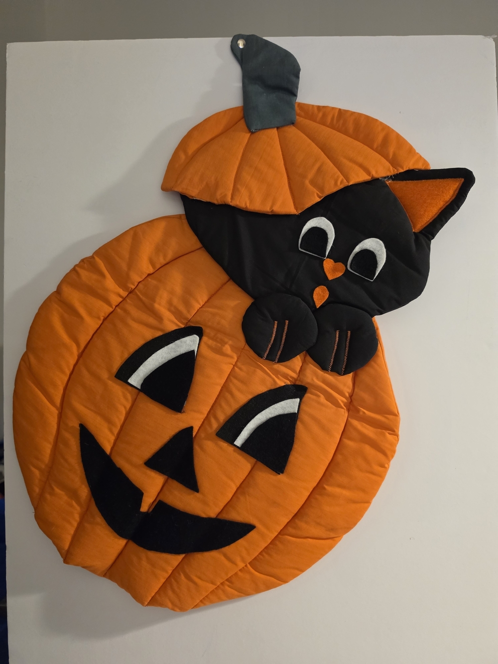 Vintage Quilted Orange Pumpkin and Black Cat Hanging Decoration
